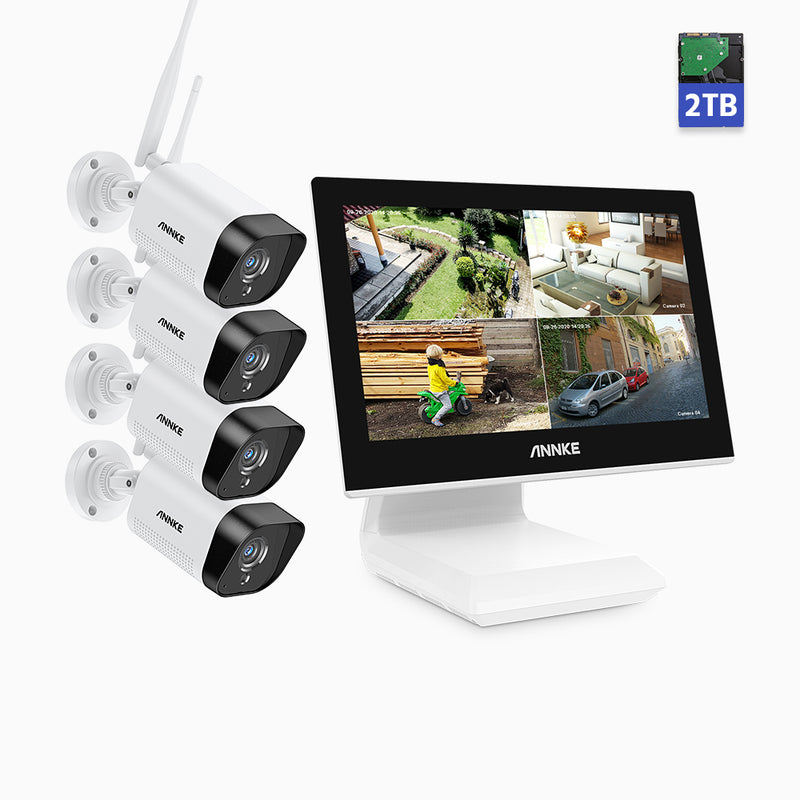 WL300 - Zestaw do Monitoringu Bezprzewodowych 4 Kamery 2K z 4-Kanałowy Rejestratorem NVR, z Monitorem 10.1″, Wbudowanym Mikrofonem & 2 TB HDD, Rozpoznawaniem Osób, Działa z Alexa