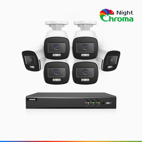NightChroma<sup>TM</sup> NAK500 - Zestaw do Monitoringu 6 Przewodowa Kamery 3K z 8-Kanałowy Rejestratorem DVR, Noktowizja Pelny Kolor, 2960 × 1665 pikseli, Przysłona f/1.0 (0,001 Lux), Wbudowany Mikrofon, IP67, Zaktualizowana Wersja