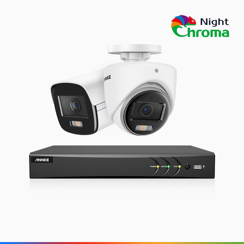 NightChroma<sup>TM</sup> NAK500 - Zestaw do Monitoringu 2 Przewodowa Kamery (1 Tubowa & 1 Kopułkowa) 3K z 8-Kanałowy Rejestratorem DVR, Noktowizja Pelny Kolor, 2960 × 1665 pikseli, Przysłona f/1.0 (0,001 Lux), Wbudowany Mikrofon, IP67