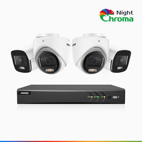NightChroma<sup>TM</sup> NAK500 - Zestaw do Monitoringu Przewodowa 4 Kamery (2 Tubowa & 2 Kopułkowa) 3K z 8-Kanałowy Rejestratorem DVR, Noktowizja Pelny Kolor, 2960 × 1665 pikseli, Przysłona f/1.0 (0,001 Lux), Wbudowany Mikrofon, IP67