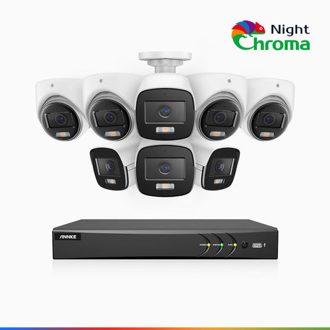 NightChroma<sup>TM</sup> NAK500 - Zestaw do Monitoringu Przewodowa 8 Kamery (4 Tubowa & 4 Kopułkowa) 3K z 8-Kanałowy Rejestratorem DVR, Noktowizja Pelny Kolor, 2960 × 1665 pikseli, Przysłona f/1.0 (0,001 Lux), Wbudowany Mikrofon, IP67
