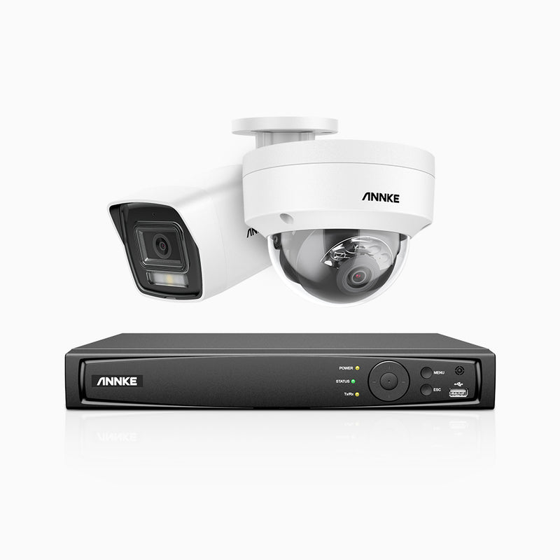 H800 - Zestaw do Monitoringu PoE 2 Kamery (1 Tubowa & 1 Kopułkowa) 4K z 4-Kanałowy Rejestratorem NVR, Noktowizor kolorowy i IR, 1/2.4