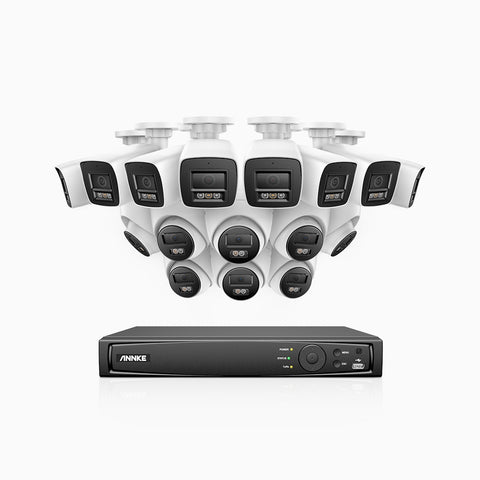 H800 - Zestaw do Monitoringu PoE 16 Kamery (8 Tubowa & 8 Kopułkowa) 4K z 16-Kanałowy Rejestratorem NVR, Noktowizor kolorowy i IR, 1/2.4" progresywny sensor CMOS, Identyfikacji osób lub pojazdów, Wbudowany mikrofon, IP67, Obsługuje RTSP i ONVIF