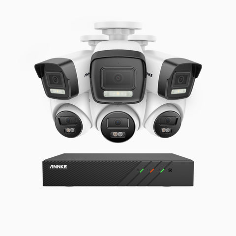 AH500 - Zestaw do Monitoringu PoE 6 Kamery (3 Tubowa & 3 Kopułkowa) 3K z 8-Kanałowy Rejestratorem NVR, Noktowizja Pelny Kolor & EXIR, rozdzielczość 3072*1728, przysłona f/1.6 (0.005 Lux), detekcja ludzi i pojazdów, wbudowany mikrofon, IP67