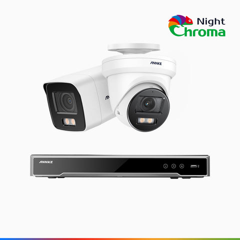NightChroma<sup>TM</sup> NCK800 – Zestaw do Monitoringu PoE 1 Tubowa & 1 Kopułkowa Kamery 4K z 8-Kanałowy Rejestratorem NVR, kolorowe noktowizory, z Super Aperturą f/1.0