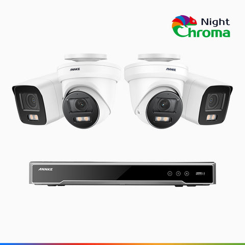 NightChroma<sup>TM</sup>NCK800 – Zestaw do Monitoringu PoE 4 Kamery (2 Tubowa & 2 Kopułkowa) 4K z 8-Kanałowy Rejestratorem NVR, kolorowe noktowizory, z Super Aperturą f/1.0