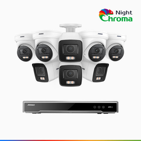 NightChroma<sup>TM</sup> NCK800 – Zestaw do Monitoringu PoE 4 Tubowa & 4 Kopułkowa Kamery 4K z 8-Kanałowy Rejestratorem NVR, kolorowe noktowizory, z Super Aperturą f/1.0