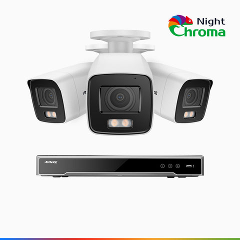 NightChroma<sup>TM</sup> NCK800 – Zestaw do Monitoringu PoE 3 Kamery 4K z 8-Kanałowy Rejestratorem NVR, kolorowe noktowizory, z Super Aperturą f/1.0