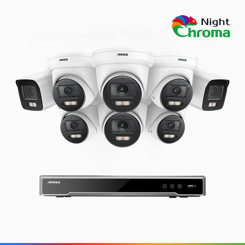 NightChroma<sup>TM</sup> NCK800 – Zestaw do Monitoringu PoE 2 Tubowa & 6 Kopułkowa Kamery 4K z 16-Kanałowy Rejestratorem NVR, kolorowe noktowizory, z Super Aperturą f/1.0