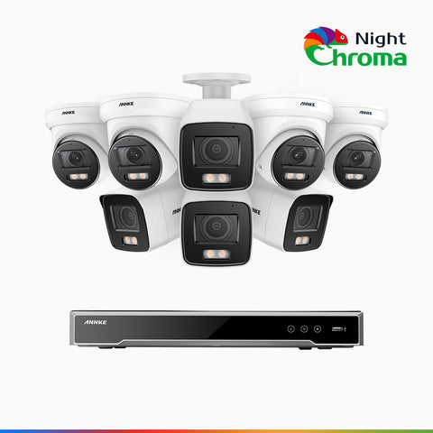 NightChroma<sup>TM</sup> NCK800 – Zestaw do Monitoringu PoE 4 Tubowa & 4 Kopułkowa Kamery 4K z 16-Kanałowy Rejestratorem NVR, kolorowe noktowizory, z Super Aperturą f/1.0