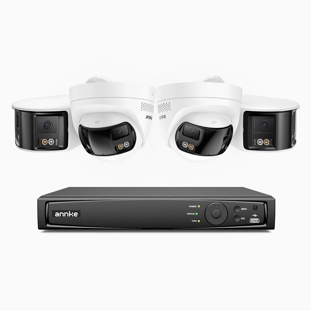 FDH800 - Zestaw do Monitoringu PoE 2 Tubowa & 2 Kopułkowa Kamery 8Mpx 4K z 8-Kanałowy Rejestratorem NVR, panoramiczny widok 180°, inteligentne podwójne oświetlenie nocne, dwukierunkowy dźwięk, aktywna syrena i alarm, wykrywanie ludzi i pojazdów, IP67