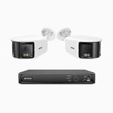 FDH800 - Zestaw do Monitoringu PoE 2 Kamery 8Mpx 4K z 8-Kanałowy Rejestratorem NVR, Podwójny obiektyw, panoramiczny widok 180°, inteligentne podwójne oświetlenie nocne, dwukierunkowy dźwięk, aktywna syrena i alarm, wykrywanie ludzi i pojazdów, IP67