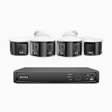 FDH800 - Zestaw do Monitoringu PoE 4 Kamery 8Mpx 4K z 8-Kanałowy Rejestratorem NVR, Podwójny obiektyw, panoramiczny widok 180°, inteligentne podwójne oświetlenie nocne, dwukierunkowy dźwięk, aktywna syrena i alarm, wykrywanie ludzi i pojazdów, IP67