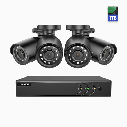 E200 - Analogowy System Kamer Bezpieczeństwa CCTV 4 Kanałów 1080p Full HD (z 4 Kamer i 1 TB HDD), H.265+ AI DVR z wykrywaniem ludzi i pojazdów