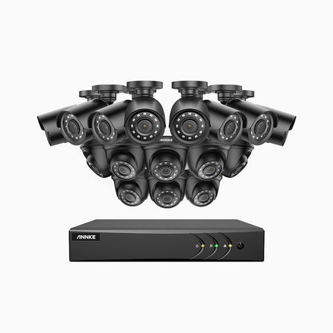 E200 - Zestaw do Monitoringu Przewodowa 16 Kamery (8 Tubowa & 8 Kopułkowa) 1080P z 16-Kanałowy Rejestratorem Hybrydowy, Klasa wodoszczelności IP66, Podczerwień do 30m (trybem nocnym), H.265+ AI DVR z wykrywaniem ludzi i pojazdów