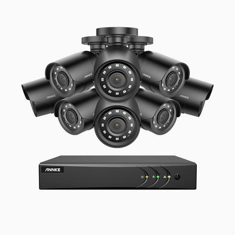 E200 - Zestaw do Monitoringu Przewodowa 8 Kamery 1080P z 16-Kanałowy Rejestratorem Hybrydowy, Klasa wodoszczelności IP66, Podczerwień do 30m (trybem nocnym), H.265+ AI DVR z wykrywaniem ludzi i pojazdów