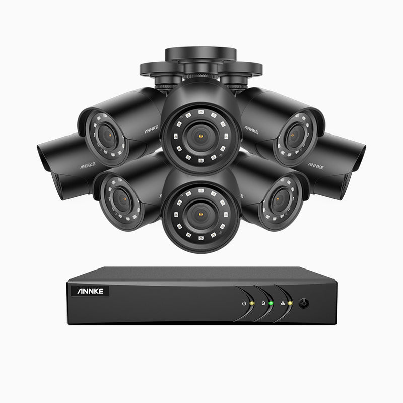 E200 - Zestaw do Monitoringu Przewodowa 8 Kamery 1080P z 8-Kanałowy Rejestratorem Hybrydowy, Klasa wodoszczelności IP66, Podczerwień do 30m (trybem nocnym), H.265+ AI DVR z wykrywaniem ludzi i pojazdów