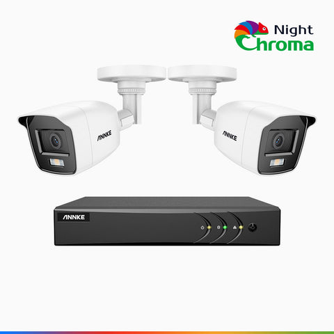 NightChroma<sup>TM</sup> NAK200 - Zestaw do Monitoringu Przewodowa 2 Kamery 1080p z 8-Kanałowy Rejestratorem DVR, z Idealną Noktowizją w Kolorze, z przesłoną f/1.0 (0.001 Lux), 121° FoV, Aktywnym Dopasowaniem