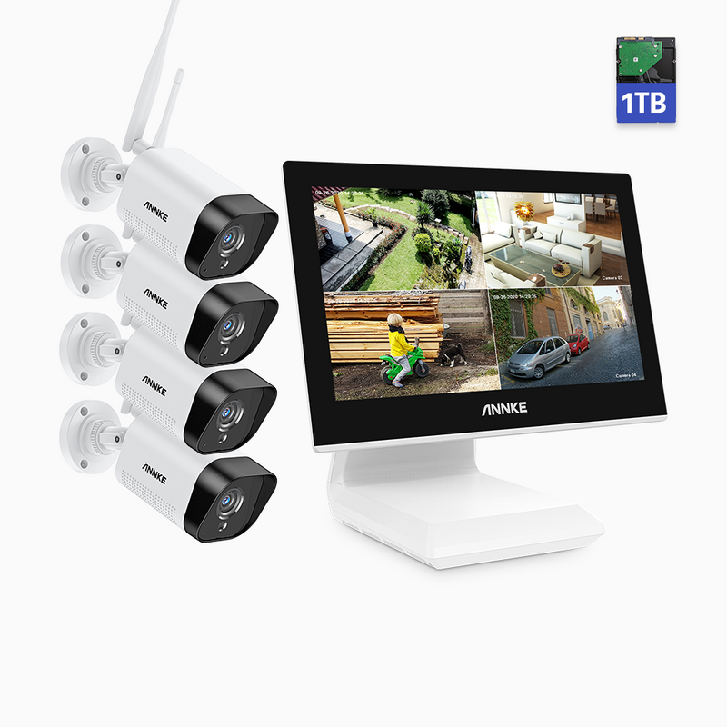 WL300 - Zestaw do Monitoringu Bezprzewodowych 4 Kamery 2K z 4-Kanałowy Rejestratorem NVR, z Monitorem 10.1″, Wbudowanym Mikrofonem & 1 TB HDD, Rozpoznawaniem Osób, Działa z Alexa