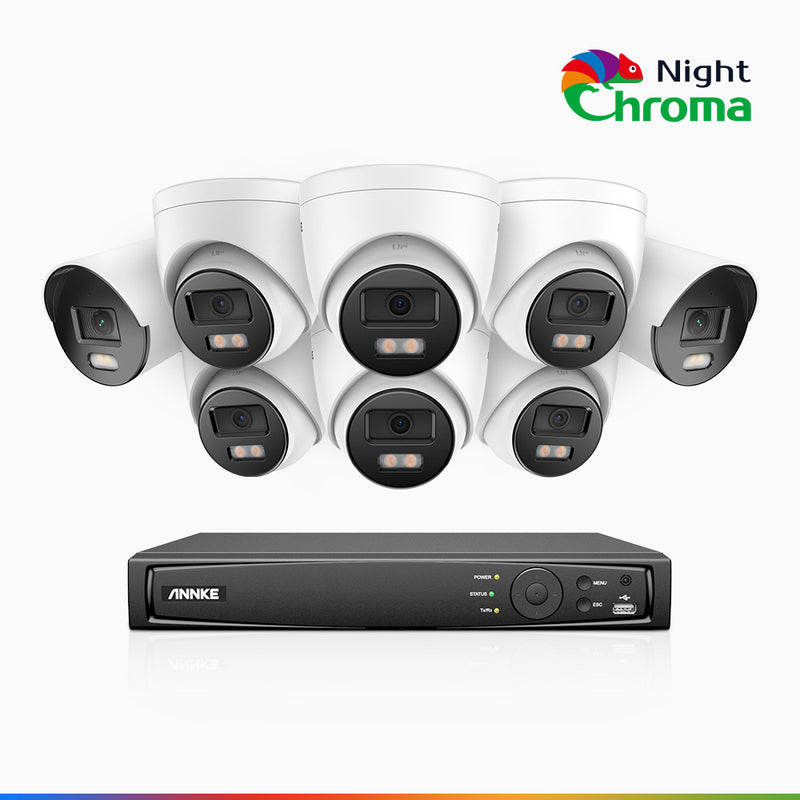NightChroma<sup>TM</sup> NCK400 - Zestaw do Monitoringu PoE 8 Kamery (2 Tubowa & 6 Kopułkowa) 4Mpx z 16-Kanałowy Rejestratorem NVR, kolorowe noktowizory, f/1.0 Super przysłona, 0.001 lx, aktywny kierunek, Wbudowany mikrofon, Obsługuje karty microSD