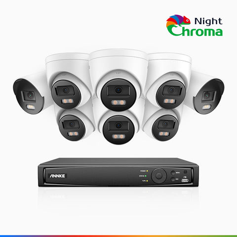 NightChroma<sup>TM</sup> NCK500 - Zestaw do Monitoringu PoE 8 Kamery (2 Tubowa & 6 Kopułkowa) 3K z 16-Kanałowy Rejestratorem NVR, kolorowe noktowizory, f/1.0 Super przysłona, 0.001 lx, aktywny kierunek, Wbudowany mikrofon, Obsługuje karty microSD