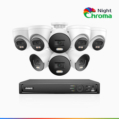 NightChroma<sup>TM</sup> NCK500 - Zestaw do Monitoringu PoE 8 Kamery (4 Tubowa & 4 Kopułkowa) 3K z 16-Kanałowy Rejestratorem NVR, kolorowe noktowizory, f/1.0 Super przysłona, 0.001 lx, aktywny kierunek, Wbudowany mikrofon, Obsługuje karty microSD