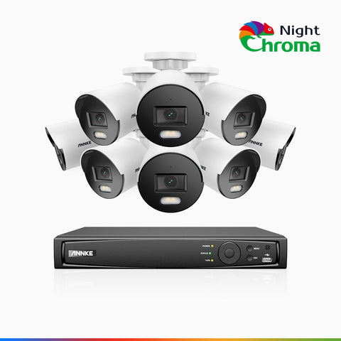 NightChroma<sup>TM</sup> NCK500 - Zestaw do Monitoringu PoE 8 Kamery 3K z 16-Kanałowy Rejestratorem NVR, kolorowe noktowizory, f/1.0 Super przysłona, 0.001 lx, aktywny kierunek, Wbudowany mikrofon, Obsługuje karty microSD