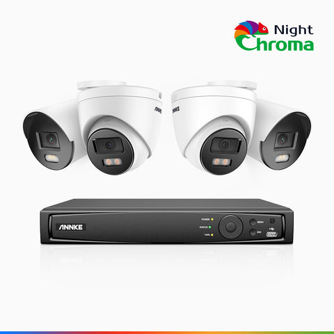 NightChroma<sup>TM</sup> NCK500 - Zestaw do Monitoringu PoE 4 Kamery (2 Tubowa & 2 Kopułkowa) 3K z 8-Kanałowy Rejestratorem NVR, kolorowe noktowizory, f/1.0 Super przysłona, 0.001 lx, aktywny kierunek, Wbudowany mikrofon, Obsługuje karty microSD