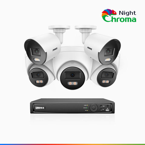 NightChroma<sup>TM</sup> NCK500 - Zestaw do Monitoringu PoE 5 Kamery (2 Tubowa & 3 Kopułkowa) 3K z 8-Kanałowy Rejestratorem NVR, kolorowe noktowizory, f/1.0 Super przysłona, 0.001 lx, aktywny kierunek, Wbudowany mikrofon, Obsługuje karty microSD