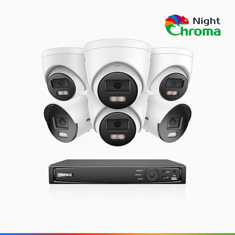 NightChroma<sup>TM</sup> NCK500 - Zestaw do Monitoringu PoE 6 Kamery (2 Tubowa & 4 Kopułkowa) 3K z 8-Kanałowy Rejestratorem NVR, kolorowe noktowizory, f/1.0 Super przysłona, 0.001 lx, aktywny kierunek, Wbudowany mikrofon, Obsługuje karty microSD