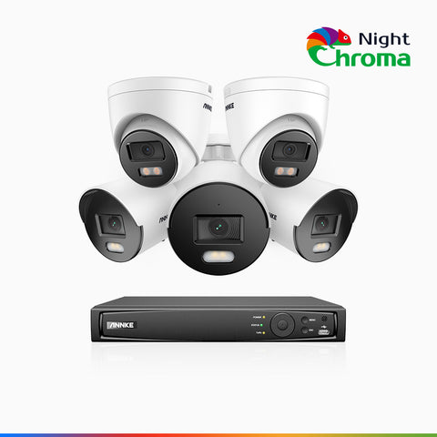 NightChroma<sup>TM</sup> NCK500 - Zestaw do Monitoringu PoE 5 Kamery (3 Tubowa & 2 Kopułkowa) 3K z 8-Kanałowy Rejestratorem NVR, kolorowe noktowizory, f/1.0 Super przysłona, 0.001 lx, aktywny kierunek, Wbudowany mikrofon, Obsługuje karty microSD