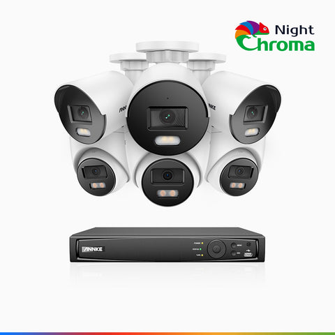 NightChroma<sup>TM</sup> NCK500 - Zestaw do Monitoringu PoE 6 Kamery (3 Tubowa & 3 Kopułkowa) 3K z 8-Kanałowy Rejestratorem NVR, kolorowe noktowizory, f/1.0 Super przysłona, 0.001 lx, aktywny kierunek, Wbudowany mikrofon, Obsługuje karty microSD