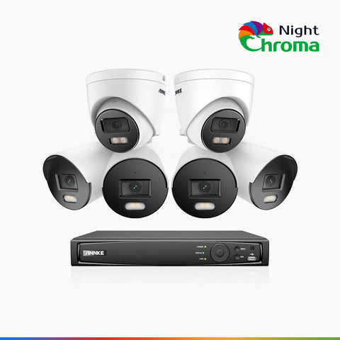 NightChroma<sup>TM</sup> NCK500 - Zestaw do Monitoringu PoE 6 Kamery (4 Tubowa & 2 Kopułkowa) 3K z 8-Kanałowy Rejestratorem NVR, kolorowe noktowizory, f/1.0 Super przysłona, 0.001 lx, aktywny kierunek, Wbudowany mikrofon, Obsługuje karty microSD