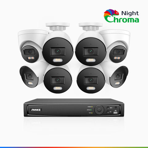NightChroma<sup>TM</sup> NCK500 - Zestaw do Monitoringu PoE 8 Kamery (6 Tubowa & 2 Kopułkowa) 3K z 16-Kanałowy Rejestratorem NVR, kolorowe noktowizory, f/1.0 Super przysłona, 0.001 lx, aktywny kierunek, Wbudowany mikrofon, Obsługuje karty microSD