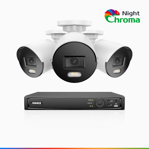 NightChroma<sup>TM</sup> NCK500 - Zestaw do Monitoringu PoE 3 Kamery 3K z 8-Kanałowy Rejestratorem NVR, kolorowe noktowizory, f/1.0 Super przysłona, 0.001 lx, aktywny kierunek, Wbudowany mikrofon, Obsługuje karty microSD