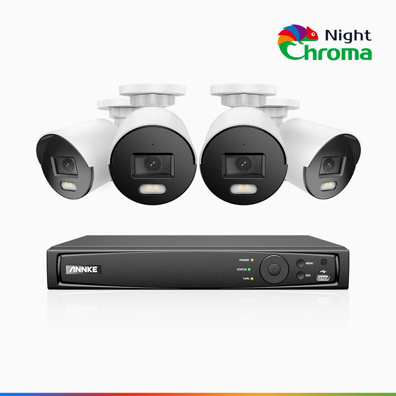 NightChroma<sup>TM</sup> NCK500 - Zestaw do Monitoringu PoE 4 Kamery 3K z 8-Kanałowy Rejestratorem NVR, kolorowe noktowizory, f/1.0 Super przysłona, 0.001 lx, aktywny kierunek, Wbudowany mikrofon, Obsługuje karty microSD