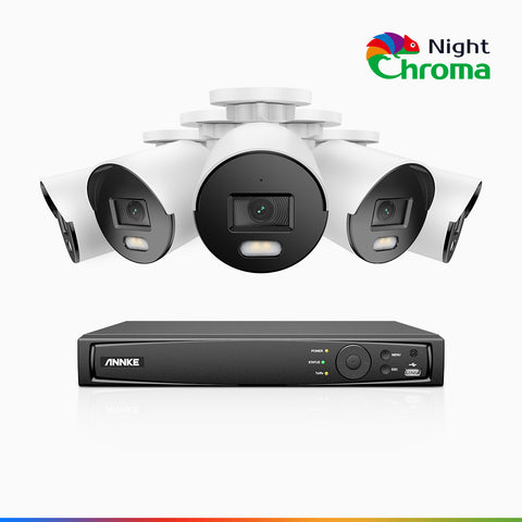NightChroma<sup>TM</sup> NCK500 - Zestaw do Monitoringu PoE 5 Kamery 3K z 8-Kanałowy Rejestratorem NVR, kolorowe noktowizory, f/1.0 Super przysłona, 0.001 lx, aktywny kierunek, Wbudowany mikrofon, Obsługuje karty microSD