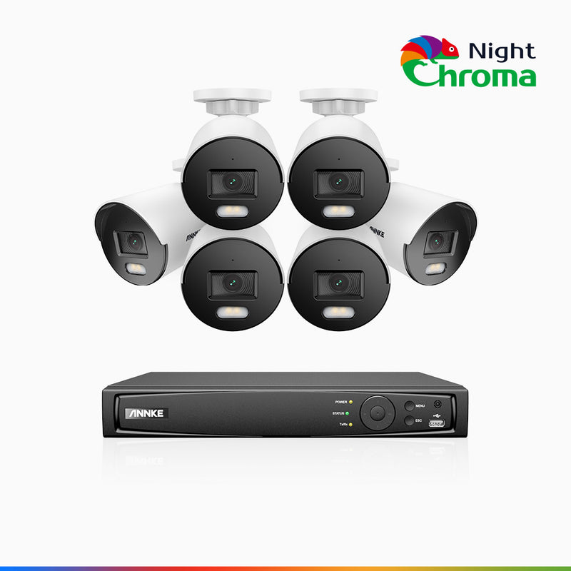 NightChroma<sup>TM</sup> NCK500 - Zestaw do Monitoringu PoE 6 Kamery 3K z 8-Kanałowy Rejestratorem NVR, kolorowe noktowizory, f/1.0 Super przysłona, 0.001 lx, aktywny kierunek, Wbudowany mikrofon, Obsługuje karty microSD