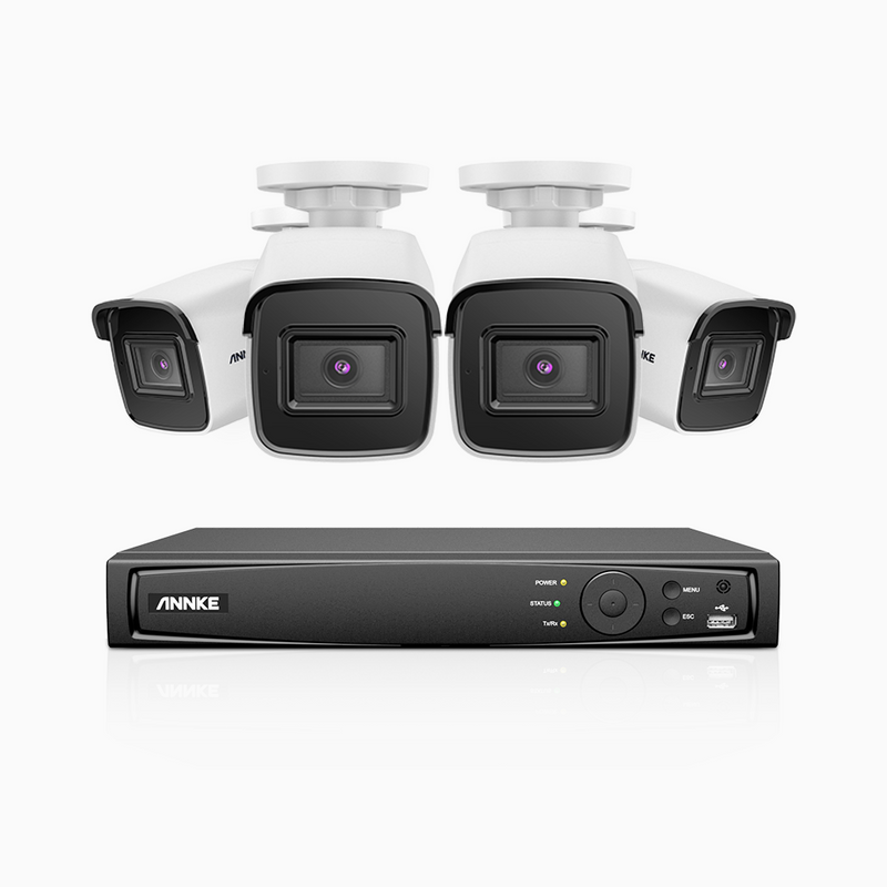 H800 - Zestaw do Monitoringu PoE 4 Kamery 4K z 8-Kanałowy Rejestratorem NVR, Przetwornikiem obrazu SONY, Identyfikacji osób lub pojazdów, Wbudowany mikrofon, IP67, Obsługuje RTSP i ONVIF