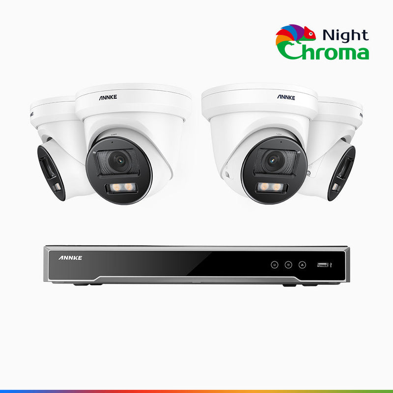 NightChroma<sup>TM</sup> NCK800 – Zestaw do Monitoringu PoE 4 Kamery 4K z 8-Kanałowy Rejestratorem NVR, kolorowe noktowizory, z Super Aperturą f/1.0